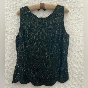 Black Satin Embroidered Top Oleg Cassini size L